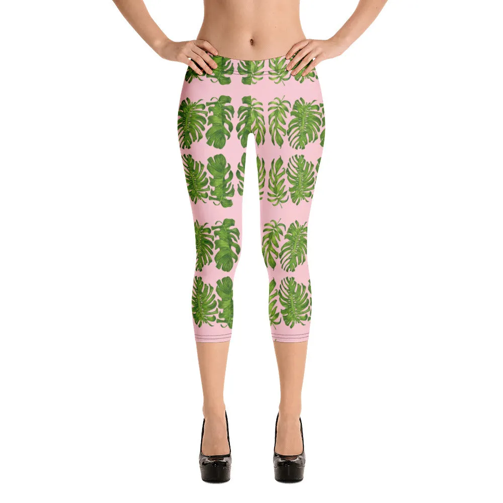 Pink Tropical Leaf Capri Leggings, Nude Pink Hawaiian Style Eve's Capris Casual Tights-Made in USA/EU