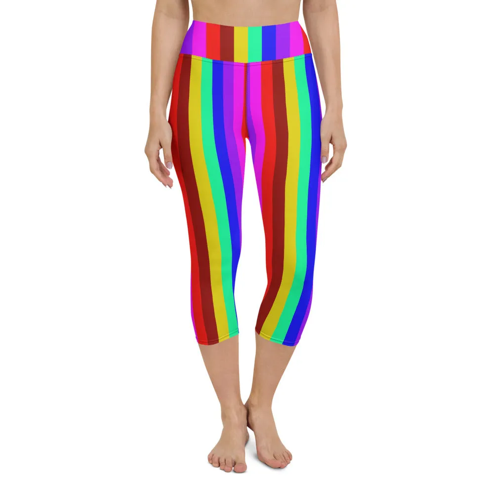 Rainbow Stripe Yoga Capri Leggings, Gay Pride Women's Capris Soft Tights-Made in USA/EU