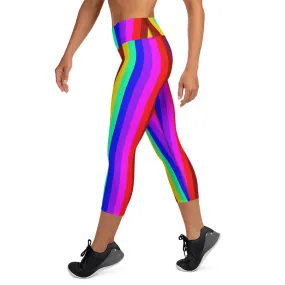 Rainbow Stripe Yoga Capri Leggings, Gay Pride Women's Capris Soft Tights-Made in USA/EU