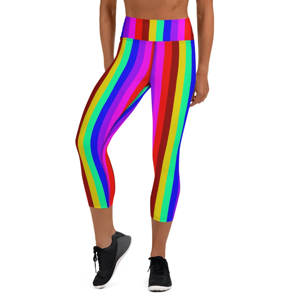 Rainbow Stripe Yoga Capri Leggings, Gay Pride Women's Capris Soft Tights-Made in USA/EU