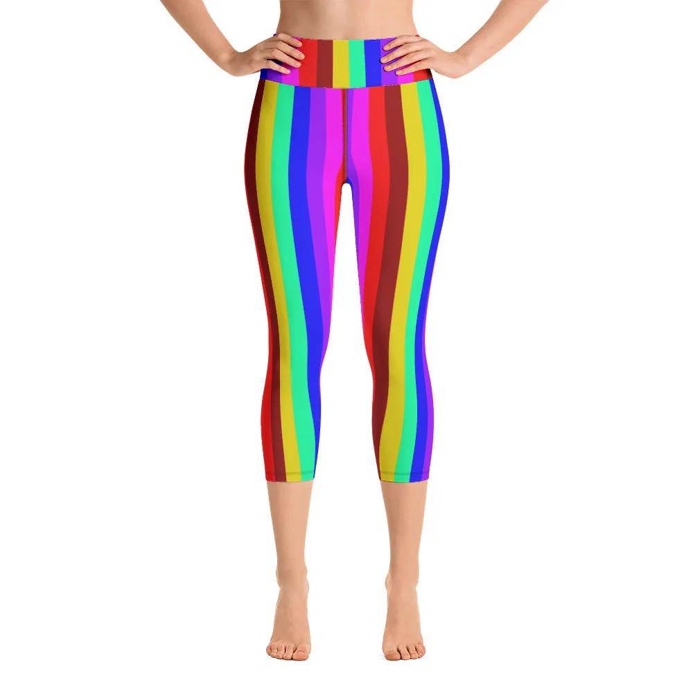 Rainbow Stripe Yoga Capri Leggings, Gay Pride Women's Capris Soft Tights-Made in USA/EU