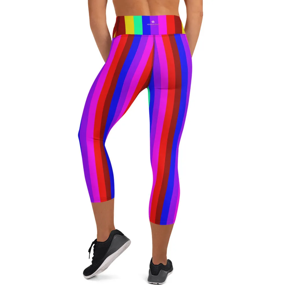 Rainbow Stripe Yoga Capri Leggings, Gay Pride Women's Capris Soft Tights-Made in USA/EU