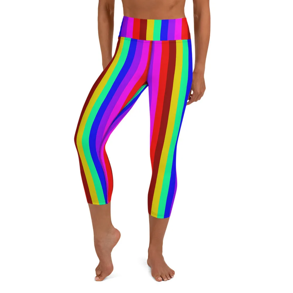 Rainbow Stripe Yoga Capri Leggings, Gay Pride Women's Capris Soft Tights-Made in USA/EU