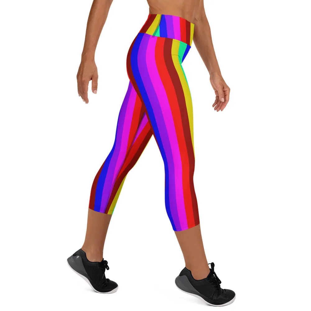 Rainbow Stripe Yoga Capri Leggings, Gay Pride Women's Capris Soft Tights-Made in USA/EU