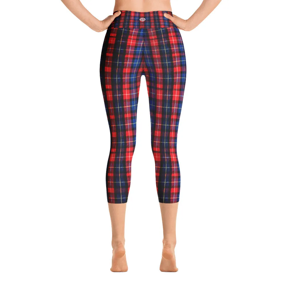 Red Plaid Print Capris Tights, Women's Capri Yoga Pants With Pockets Plus Size Available- Made in USA