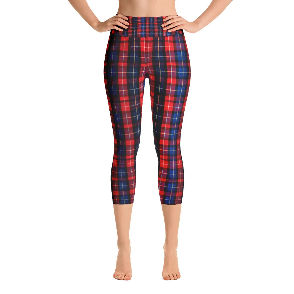 Red Plaid Print Capris Tights, Women's Capri Yoga Pants With Pockets Plus Size Available- Made in USA