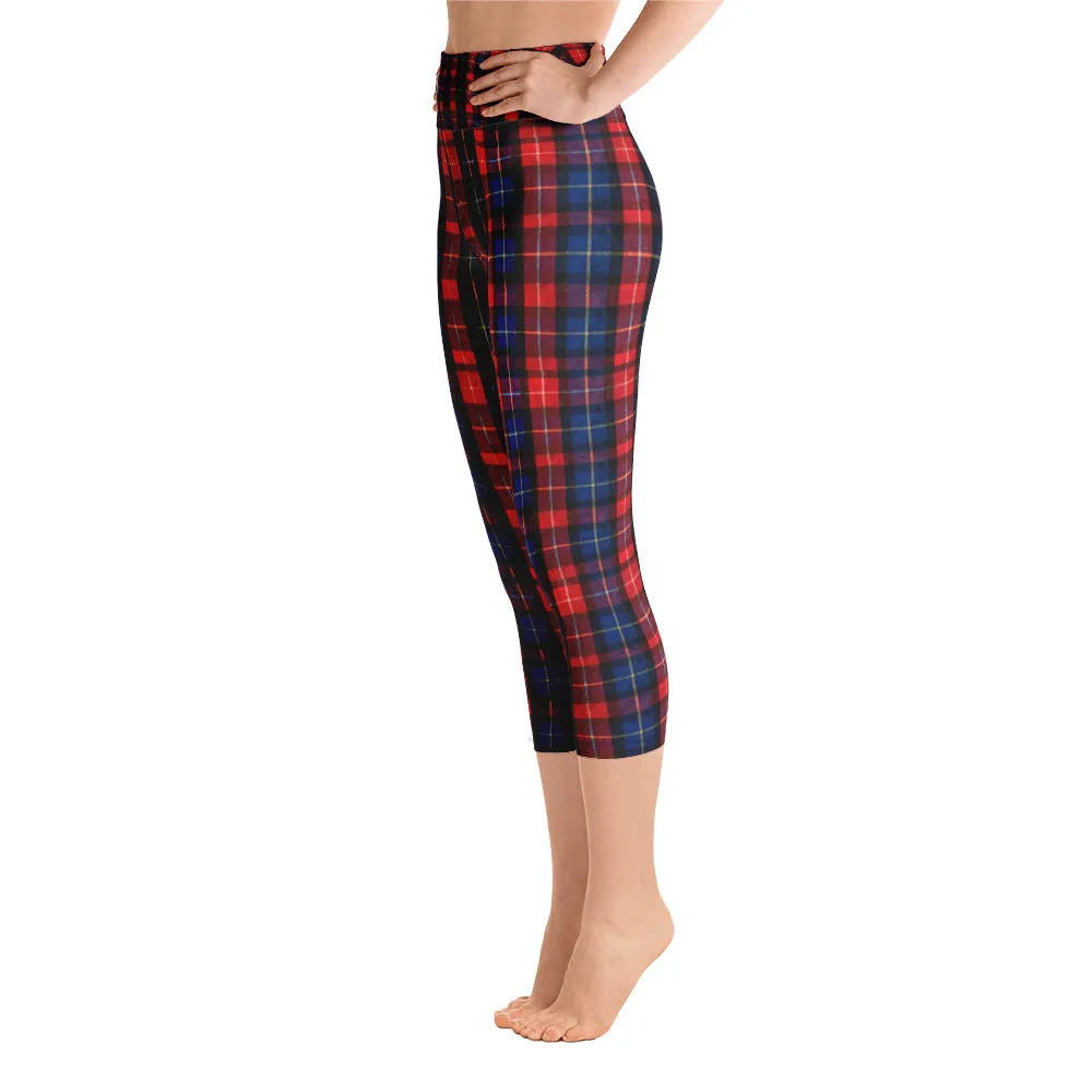 Red Plaid Print Capris Tights, Women's Capri Yoga Pants With Pockets Plus Size Available- Made in USA