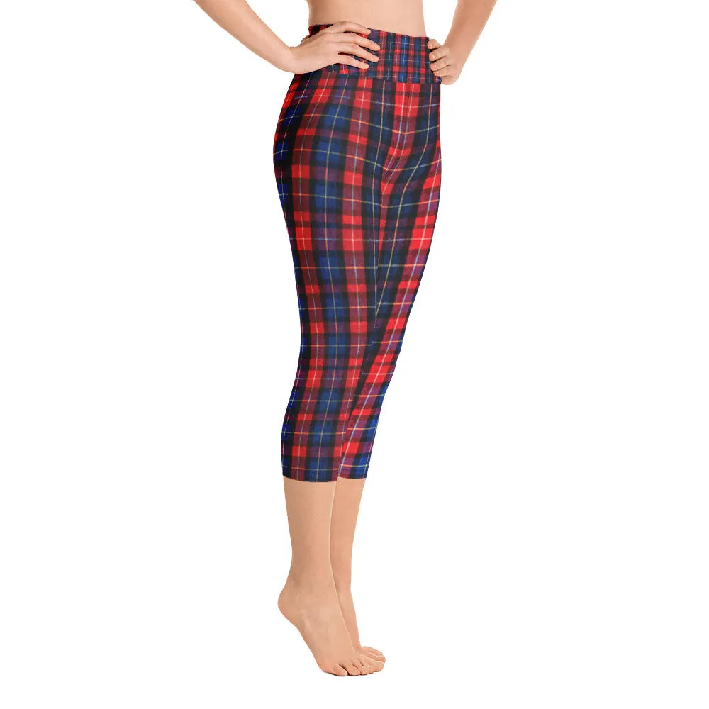 Red Plaid Print Capris Tights, Women's Capri Yoga Pants With Pockets Plus Size Available- Made in USA