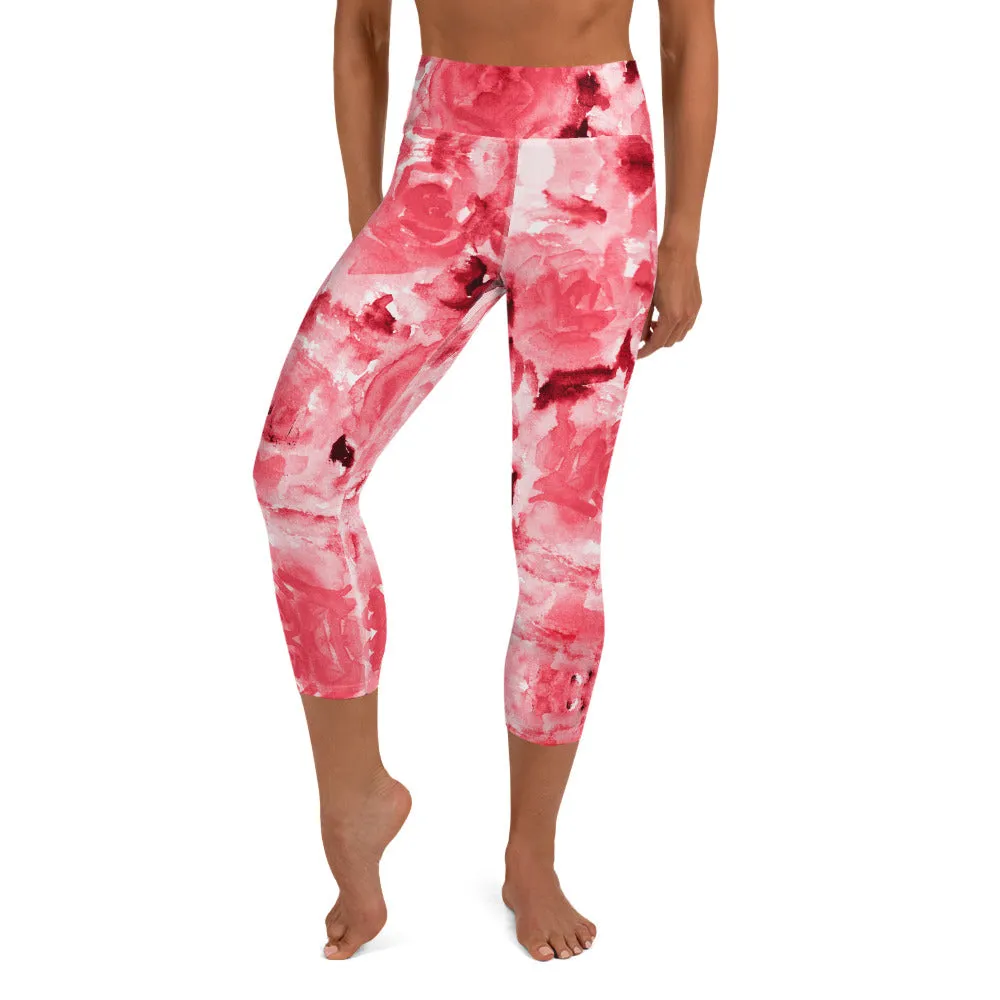 Red Rose Yoga Capri Leggings, Abstract Floral Print Women's Capris Tights-Made in USA/EU