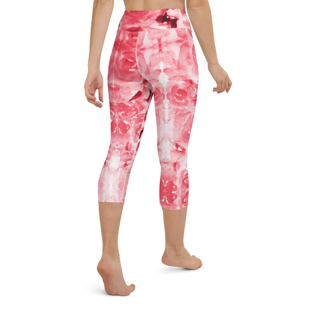 Red Rose Yoga Capri Leggings, Abstract Floral Print Women's Capris Tights-Made in USA/EU