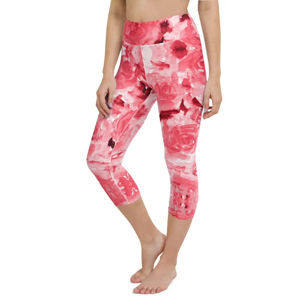 Red Rose Yoga Capri Leggings, Abstract Floral Print Women's Capris Tights-Made in USA/EU