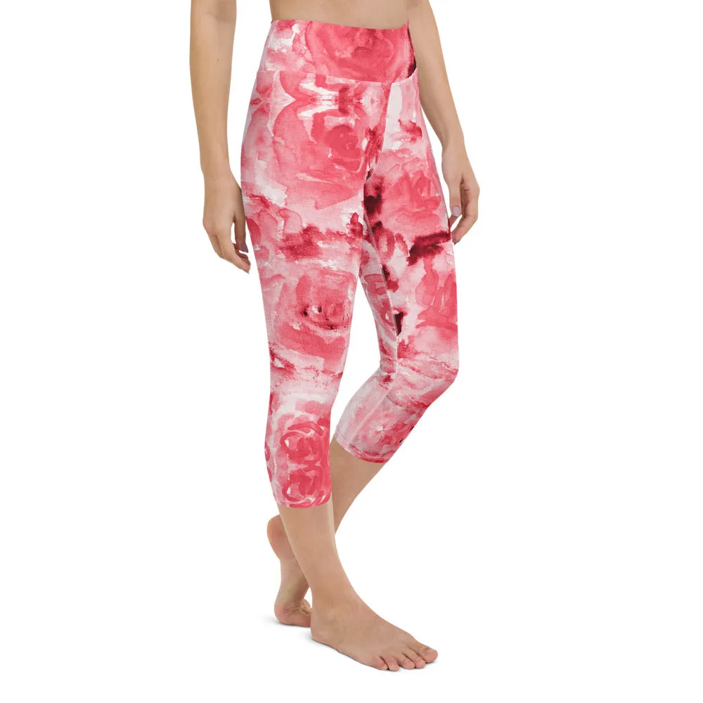 Red Rose Yoga Capri Leggings, Abstract Floral Print Women's Capris Tights-Made in USA/EU