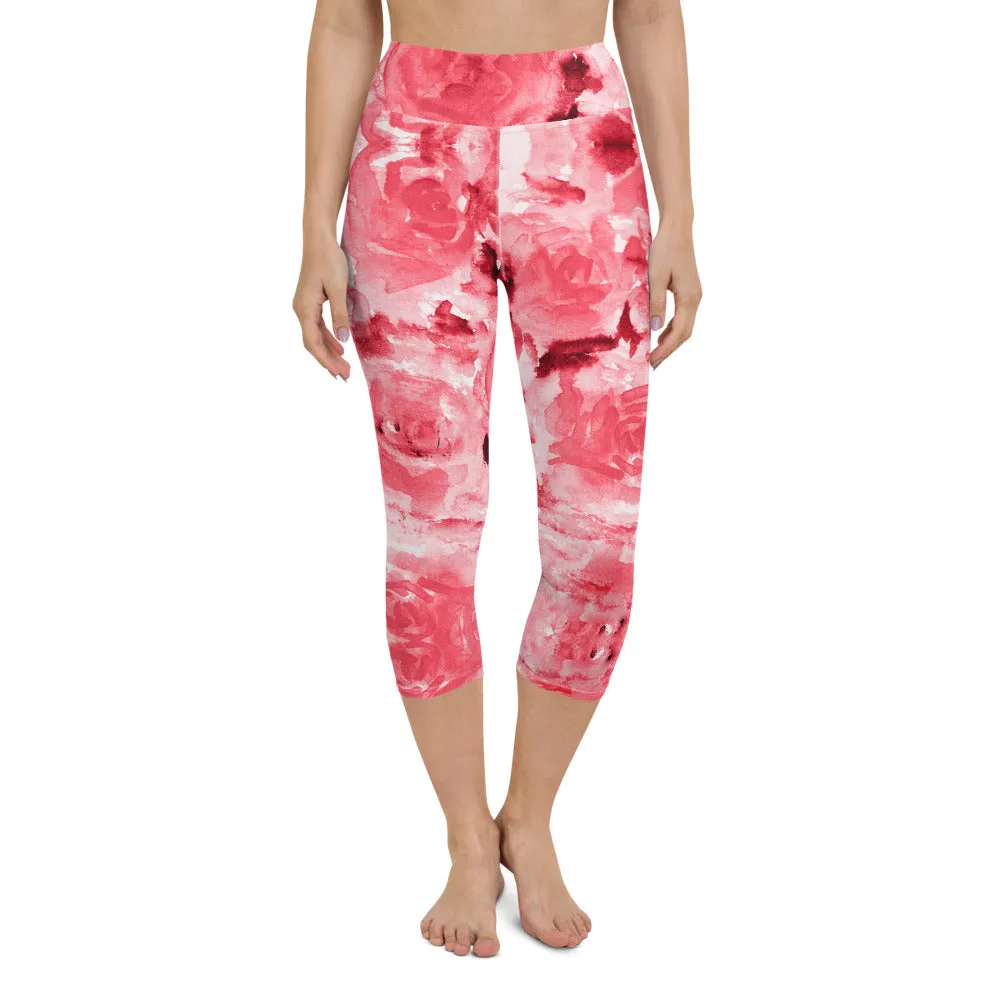 Red Rose Yoga Capri Leggings, Abstract Floral Print Women's Capris Tights-Made in USA/EU