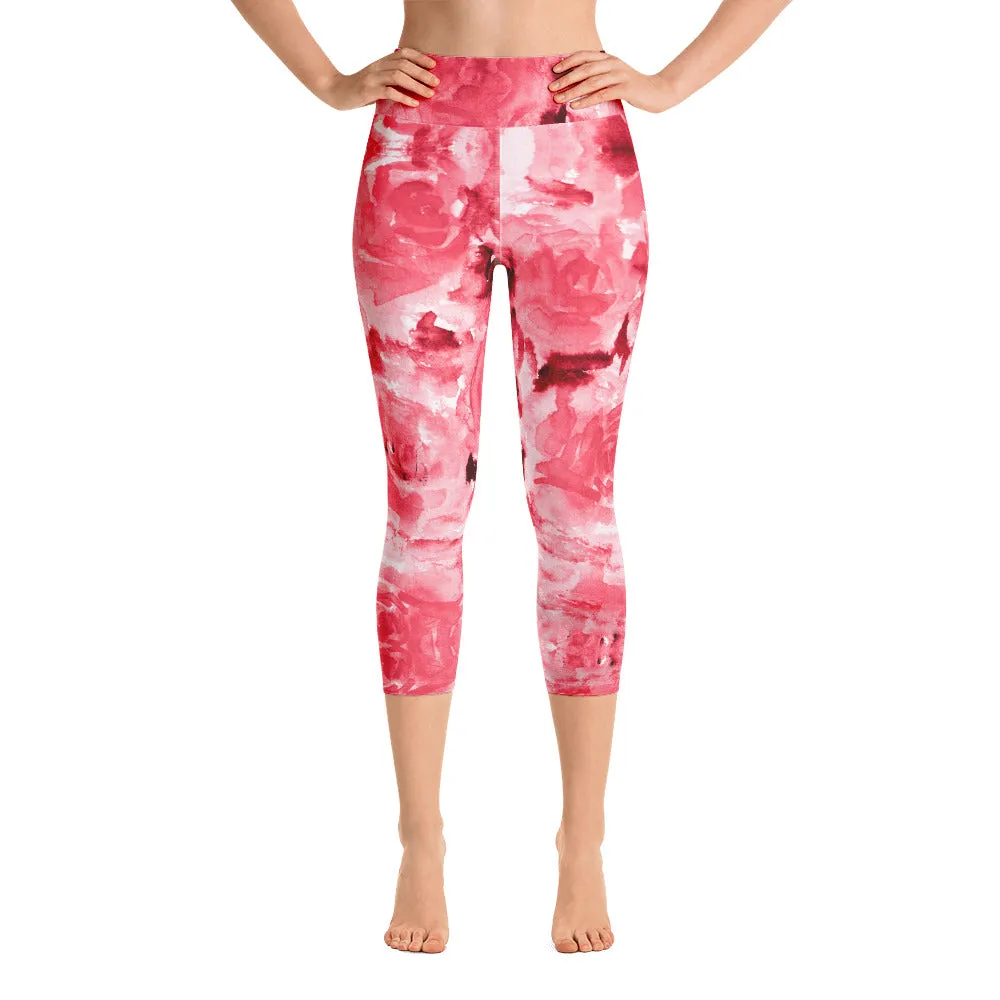 Red Rose Yoga Capri Leggings, Abstract Floral Print Women's Capris Tights-Made in USA/EU