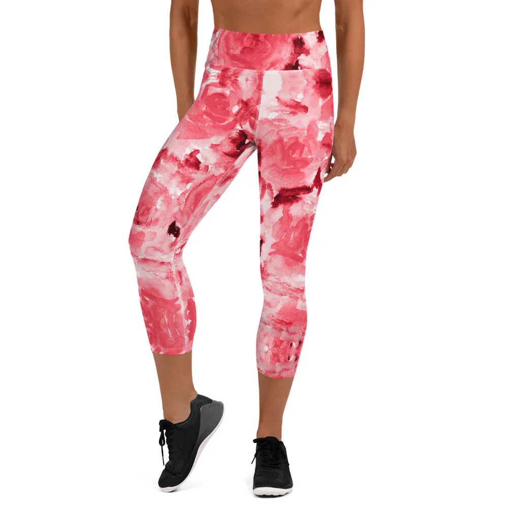 Red Rose Yoga Capri Leggings, Abstract Floral Print Women's Capris Tights-Made in USA/EU