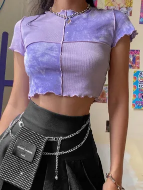 Ruffles Hem Purple Or Blue Short Sleeve Tee