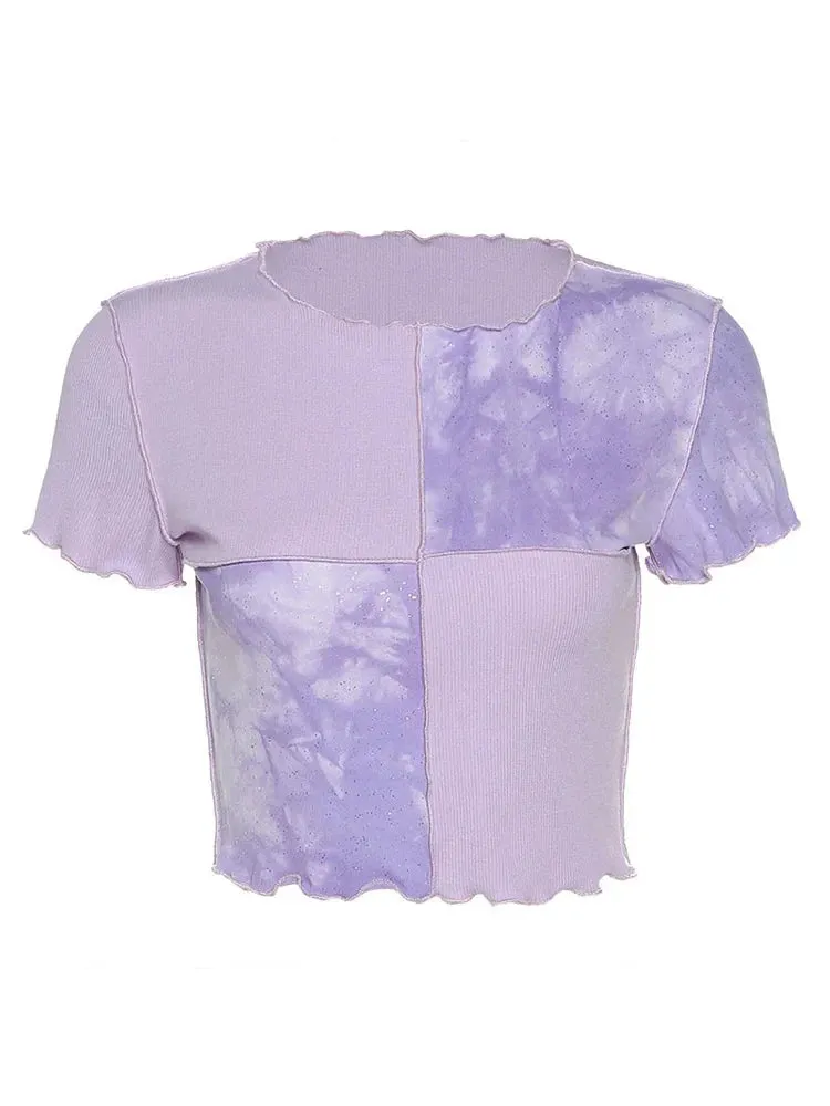 Ruffles Hem Purple Or Blue Short Sleeve Tee