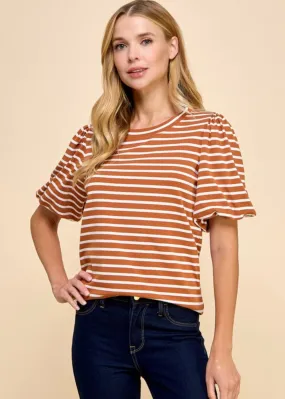 Rust Striped Puff Sleeve Top - FINAL SALE