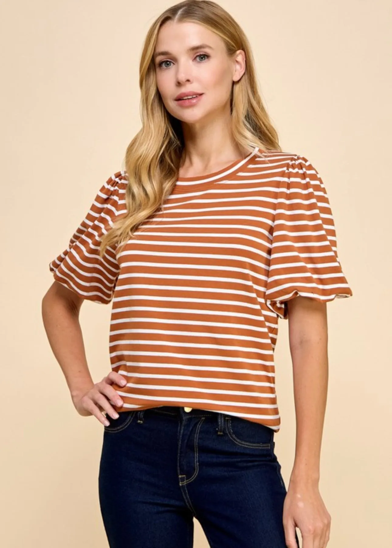 Rust Striped Puff Sleeve Top - FINAL SALE