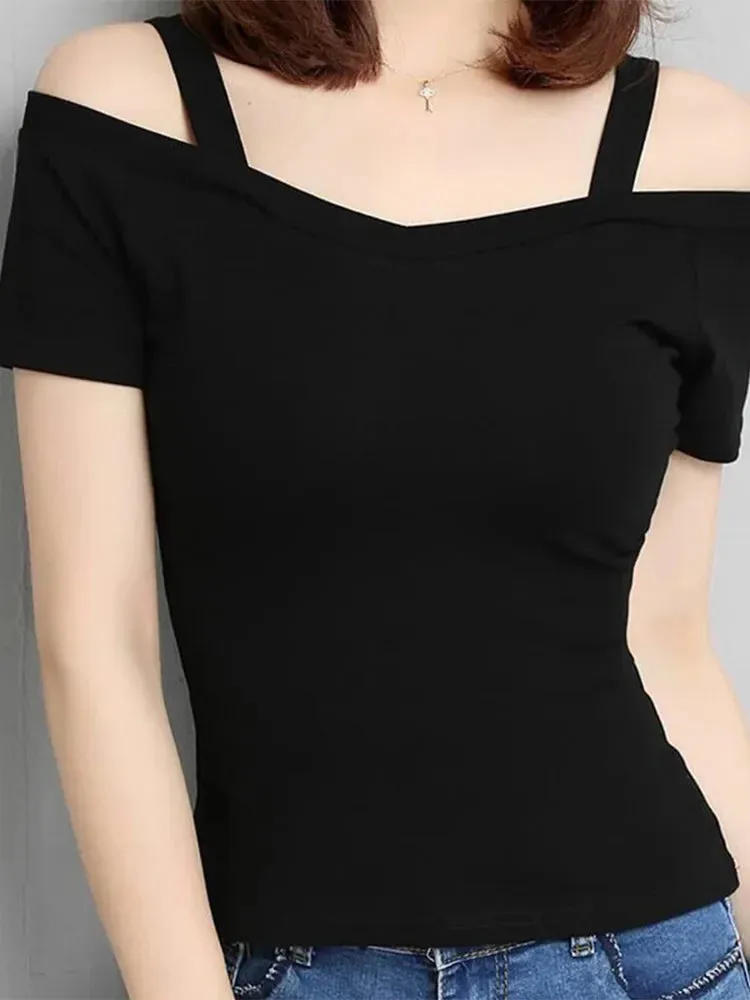 Sexy Shoulder Off Slim V-neck Short Sleeve Tee