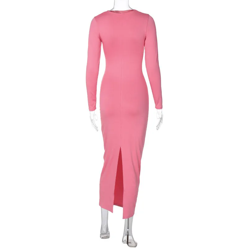 Sexy Slim Fold Split Solid Color Long Sleeve Maxi Dress