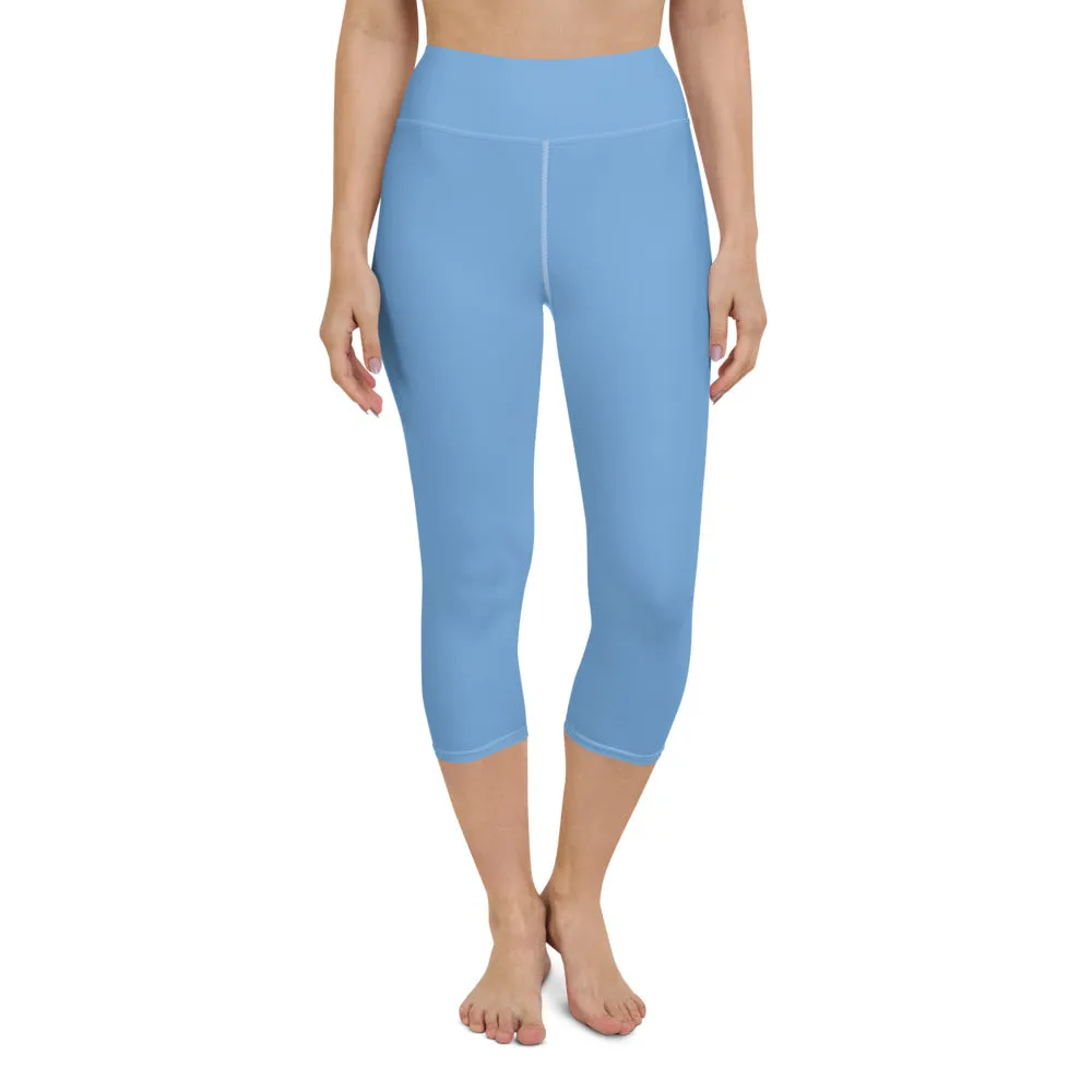 Sky Blue Yoga Capri Leggings, Solid Blue Color Women's Capris Tights-Made in USA/EU/MX