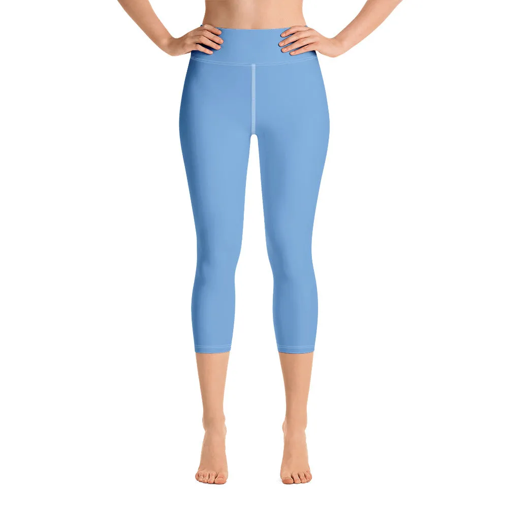 Sky Blue Yoga Capri Leggings, Solid Blue Color Women's Capris Tights-Made in USA/EU/MX