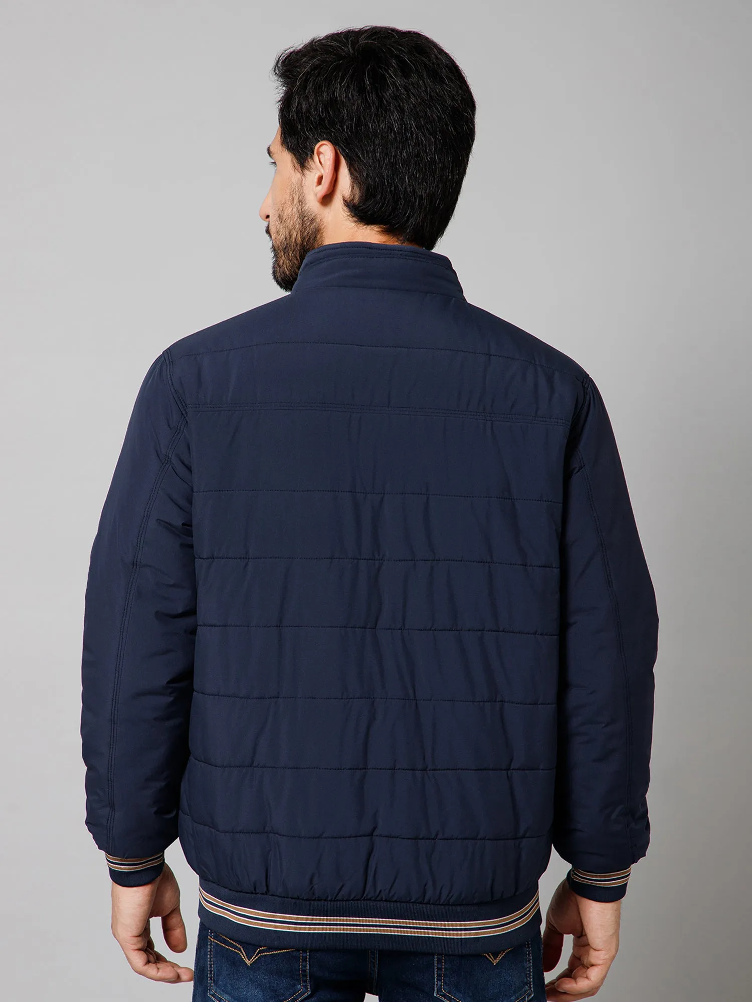 Solid Full Sleeves Mock Collar Regular Fit Navy Blue Casual Reversible Jacket for Men