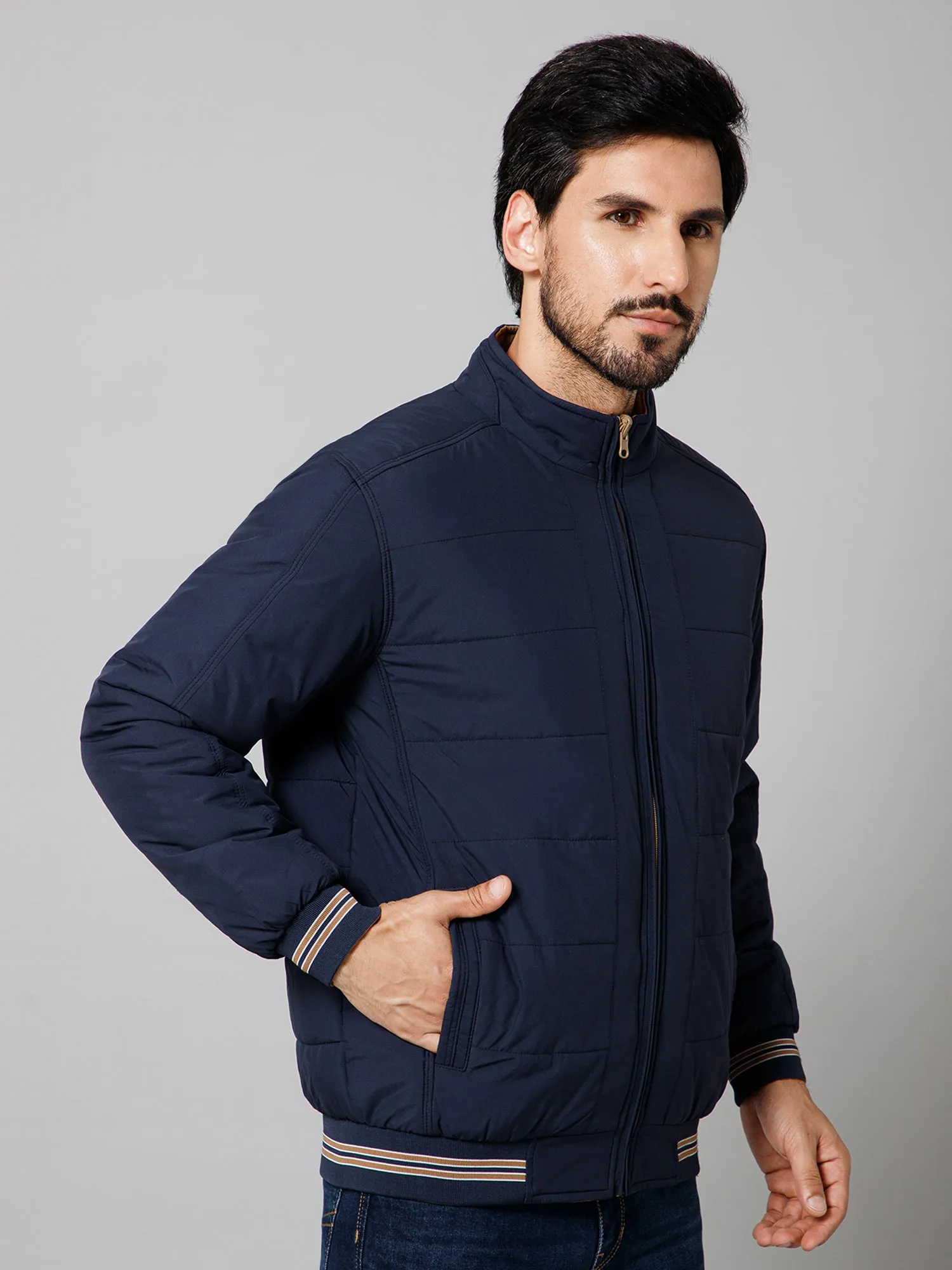 Solid Full Sleeves Mock Collar Regular Fit Navy Blue Casual Reversible Jacket for Men