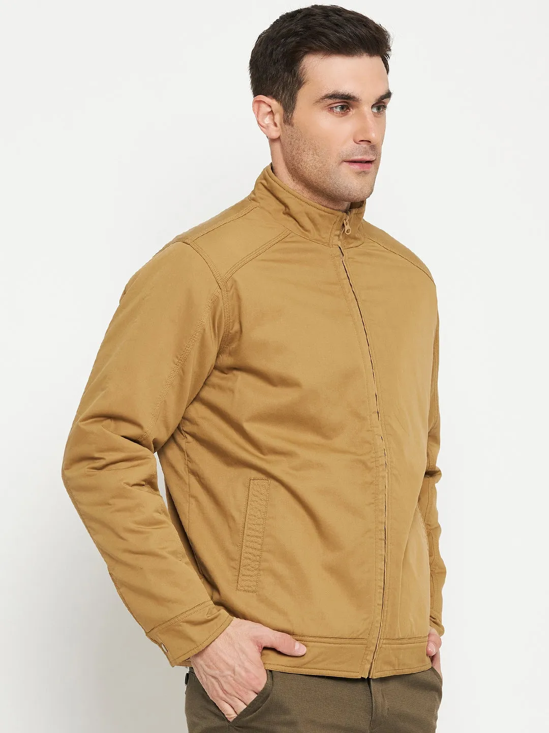 Solid Khaki Full Sleeves Mock Collar Regular Fit Casual Jacket for Men