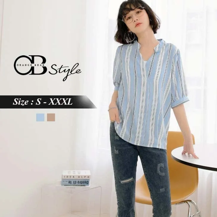 STRIPED V-NECK CHIFFON SHORT SLEEVE TOPS