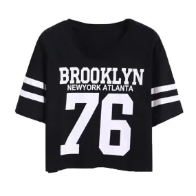 Summer Cropped Top Female BROOKLYN 76 Print Number Top Casual Short Sleeve Letters Print Monogrammed Crop T-Shirt