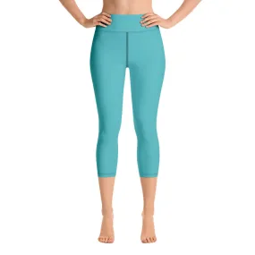 Turquoise Blue Yoga Capri Leggings, Solid Blue Color Women's Capris Tights-Made in USA/EU/MX