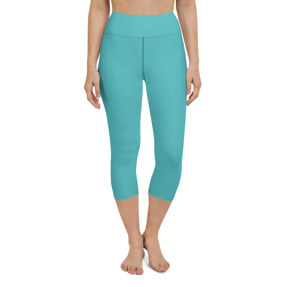 Turquoise Blue Yoga Capri Leggings, Solid Blue Color Women's Capris Tights-Made in USA/EU/MX