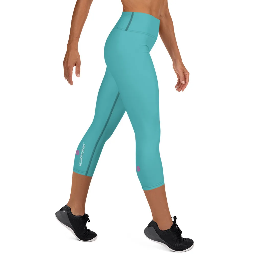 Turquoise Blue Yoga Capri Leggings, Solid Blue Color Women's Capris Tights-Made in USA/EU/MX