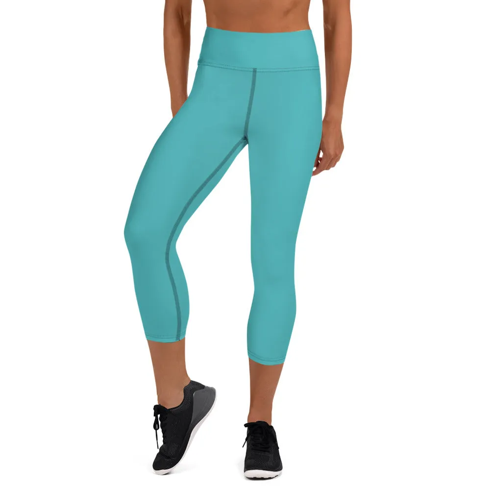 Turquoise Blue Yoga Capri Leggings, Solid Blue Color Women's Capris Tights-Made in USA/EU/MX