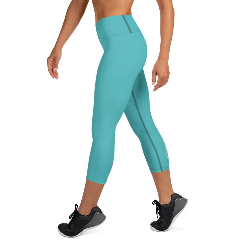 Turquoise Blue Yoga Capri Leggings, Solid Blue Color Women's Capris Tights-Made in USA/EU/MX