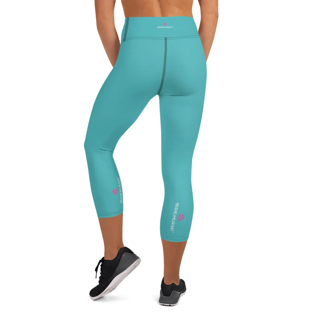 Turquoise Blue Yoga Capri Leggings, Solid Blue Color Women's Capris Tights-Made in USA/EU/MX