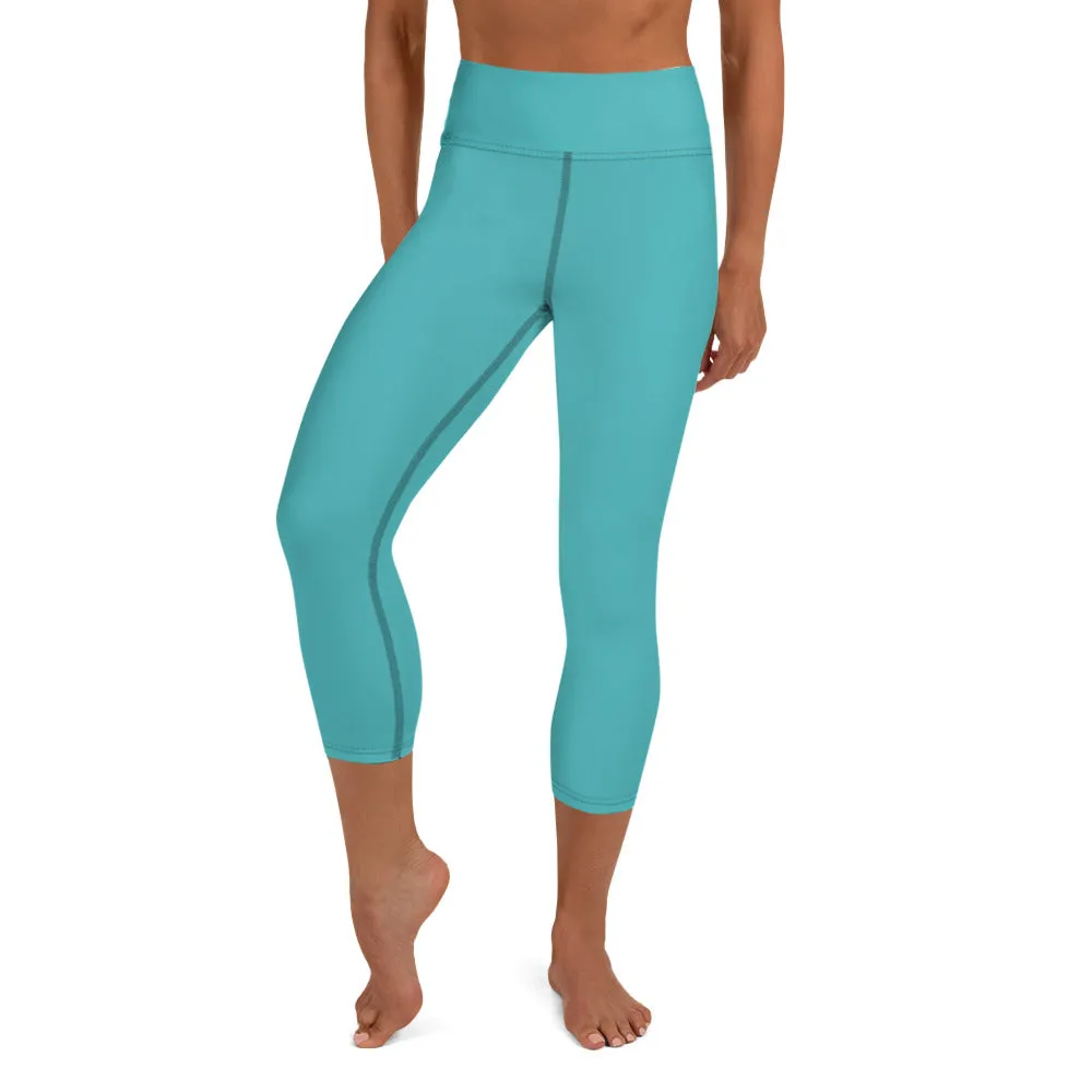 Turquoise Blue Yoga Capri Leggings, Solid Blue Color Women's Capris Tights-Made in USA/EU/MX