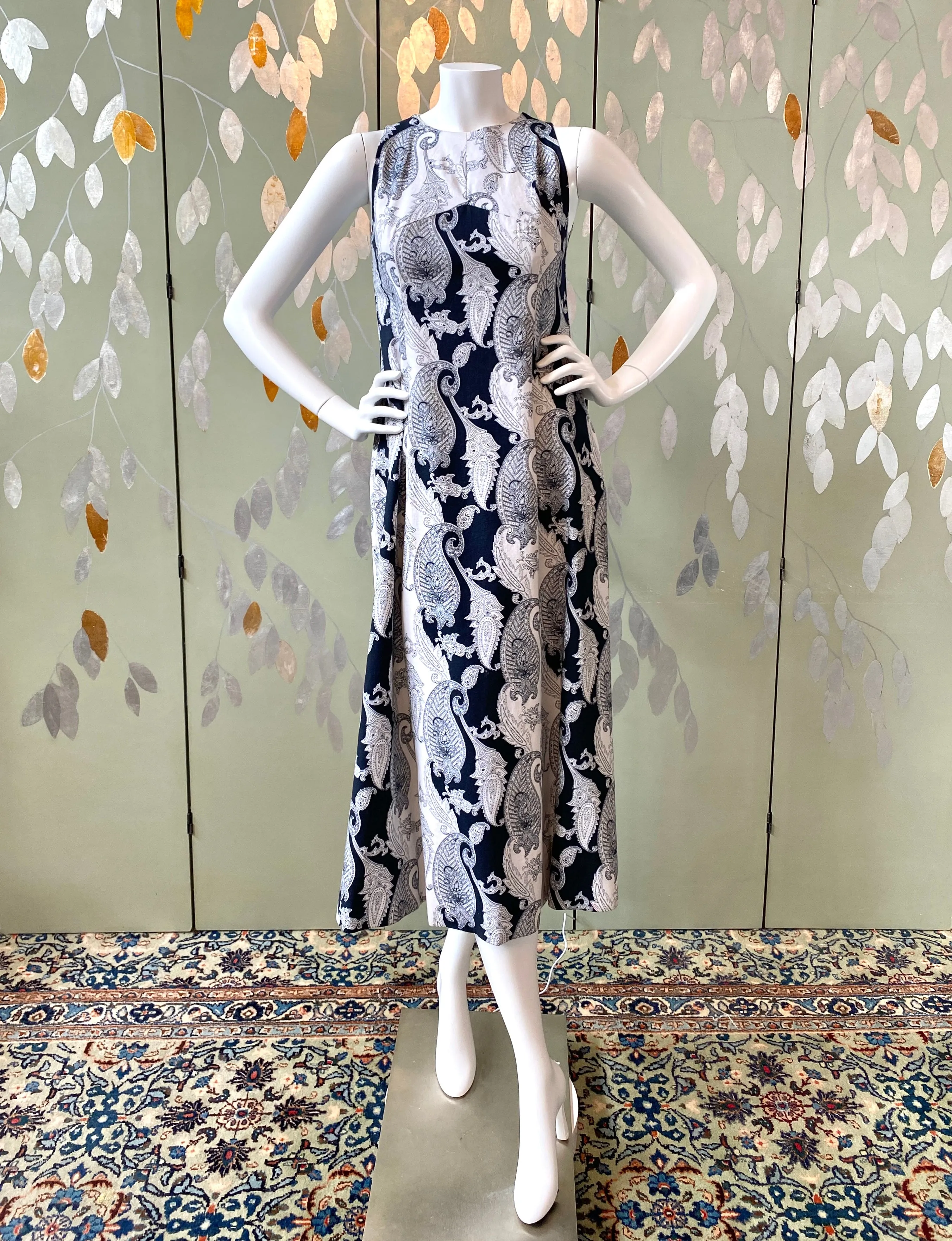 Vintage 1970s Navy & White Paisley Maxi Dress, Small