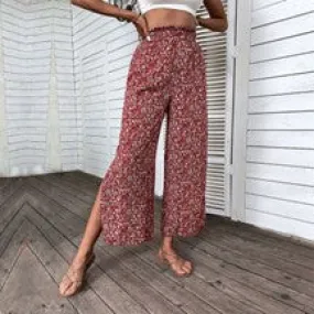 Wine Floral Wide Leg Pants w/Side Slits - #4197-4201