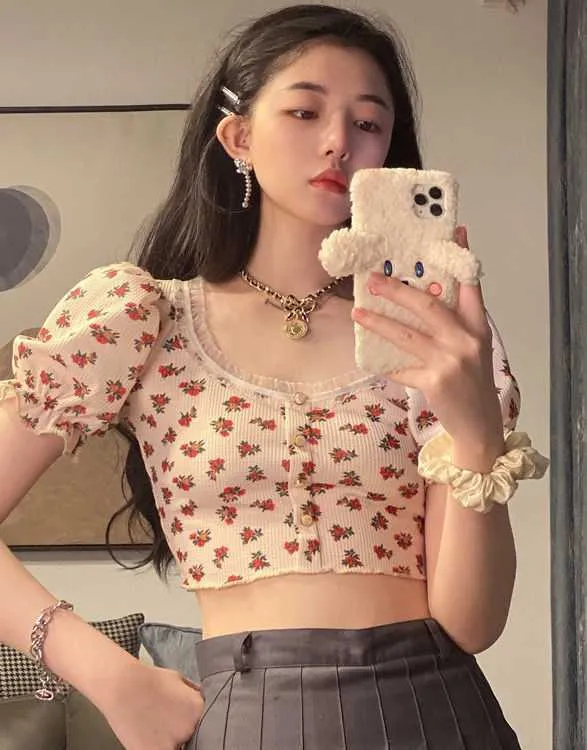 Wjczt Elegant French Style Summer Women Puff Sleeve Floral T shirts Casual Lace Patchwork Slim Cropped Tops Streetwear Harajuku Tee