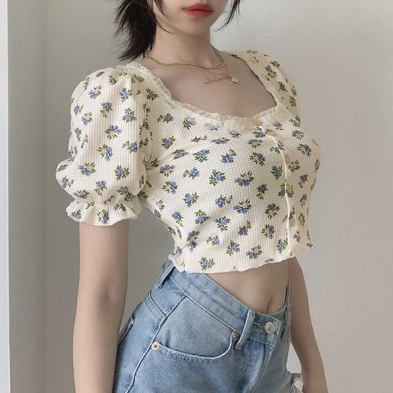 Wjczt Elegant French Style Summer Women Puff Sleeve Floral T shirts Casual Lace Patchwork Slim Cropped Tops Streetwear Harajuku Tee