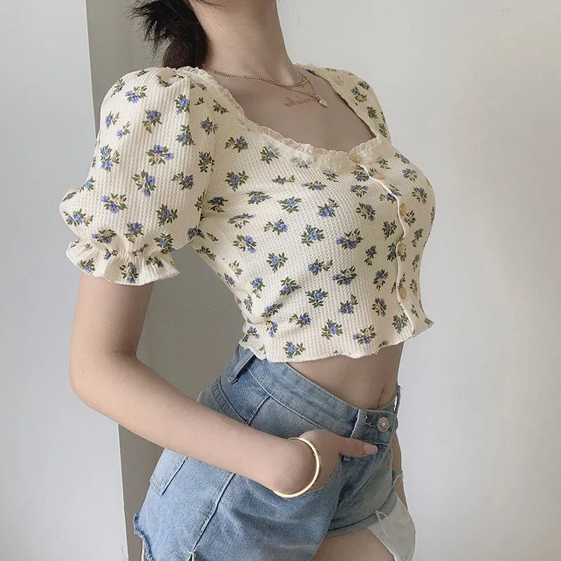 Wjczt Elegant French Style Summer Women Puff Sleeve Floral T shirts Casual Lace Patchwork Slim Cropped Tops Streetwear Harajuku Tee