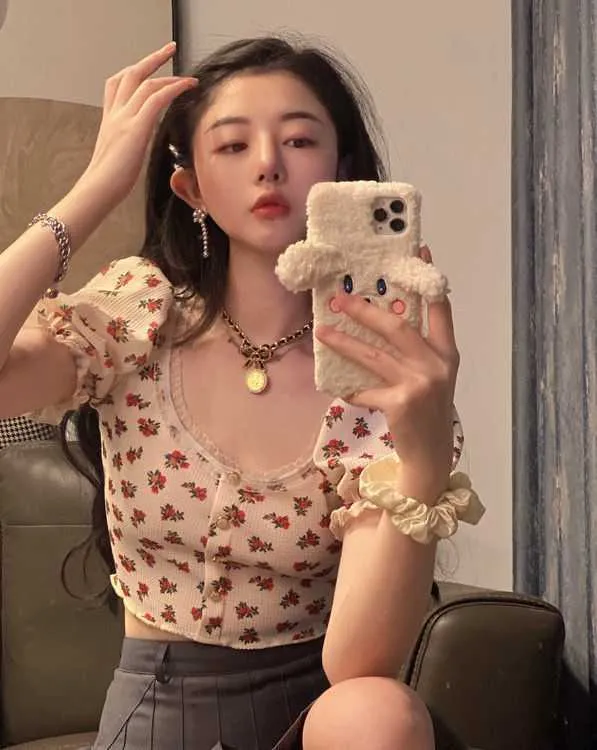 Wjczt Elegant French Style Summer Women Puff Sleeve Floral T shirts Casual Lace Patchwork Slim Cropped Tops Streetwear Harajuku Tee