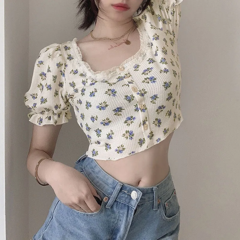 Wjczt Elegant French Style Summer Women Puff Sleeve Floral T shirts Casual Lace Patchwork Slim Cropped Tops Streetwear Harajuku Tee