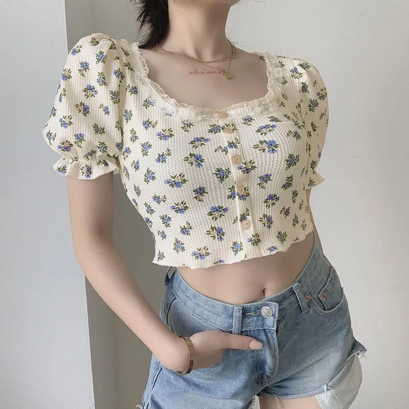 Wjczt Elegant French Style Summer Women Puff Sleeve Floral T shirts Casual Lace Patchwork Slim Cropped Tops Streetwear Harajuku Tee