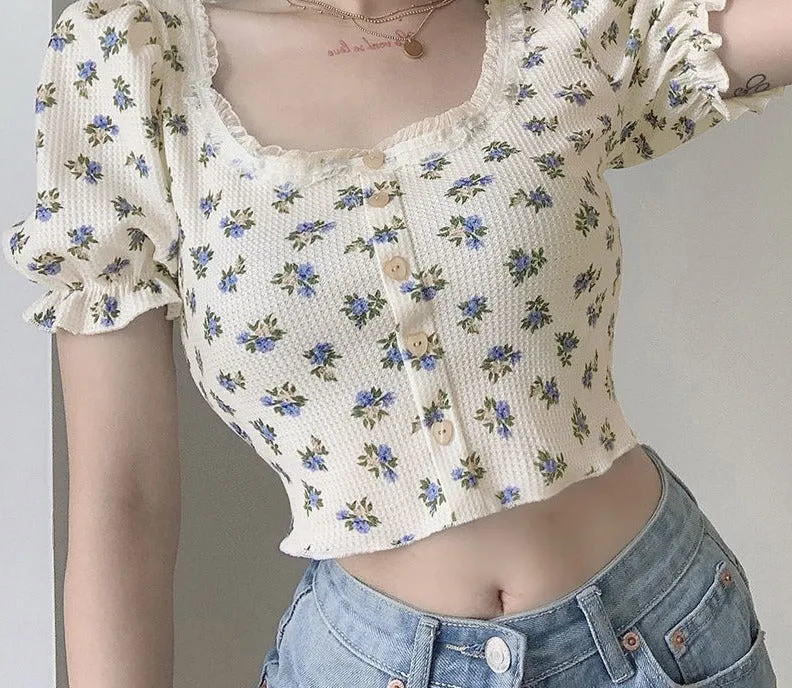 Wjczt Elegant French Style Summer Women Puff Sleeve Floral T shirts Casual Lace Patchwork Slim Cropped Tops Streetwear Harajuku Tee