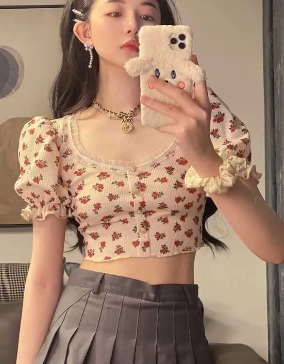 Wjczt Elegant French Style Summer Women Puff Sleeve Floral T shirts Casual Lace Patchwork Slim Cropped Tops Streetwear Harajuku Tee