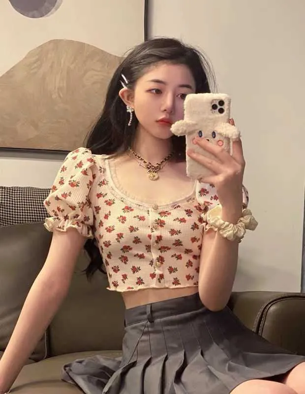 Wjczt Elegant French Style Summer Women Puff Sleeve Floral T shirts Casual Lace Patchwork Slim Cropped Tops Streetwear Harajuku Tee